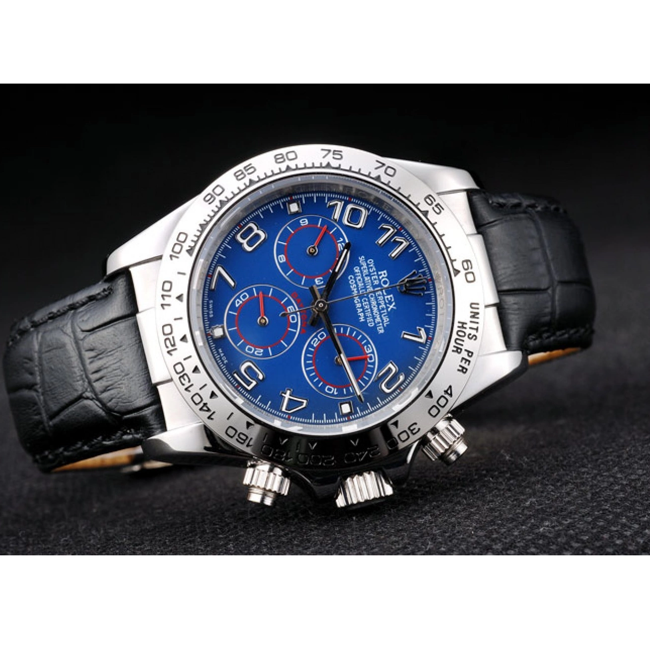 Aaa replica watch Strap Case Steel Dial Blue Rolex Daytona Black Leather Stainless 0724